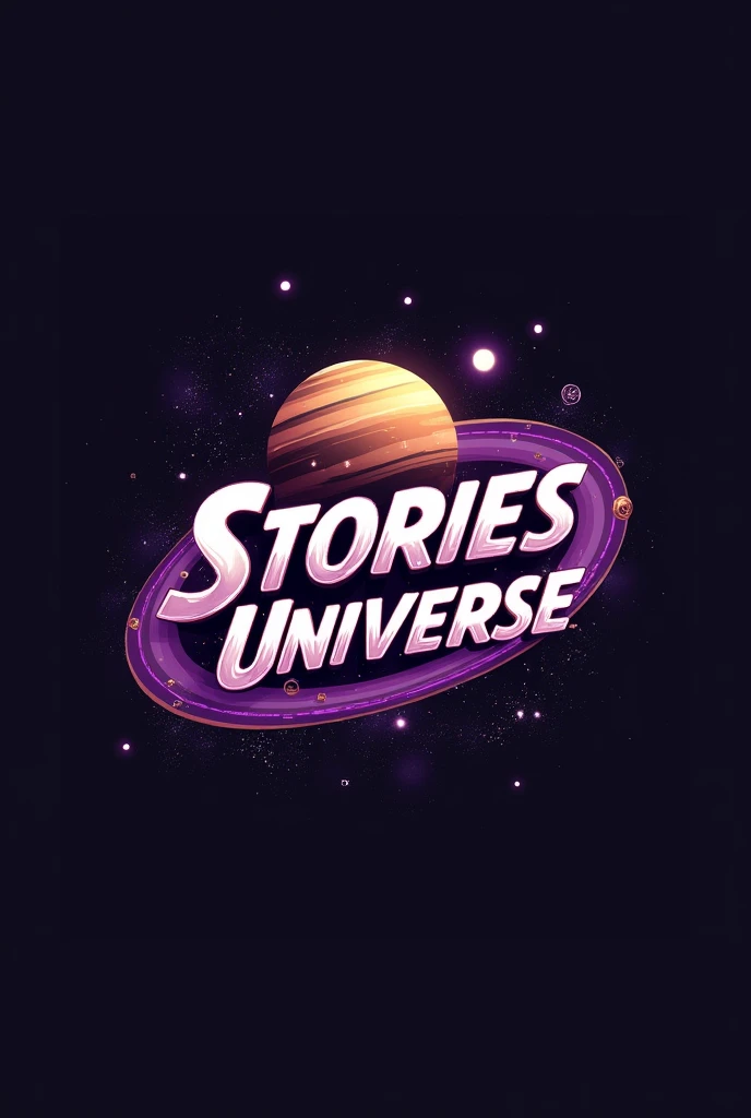 Create logo of Stories Universe, that has world and the stories universe is written on it , STORIES UNIVERSE written on galaxy and planet in slide way, make it simple in brown and purple neon color , in that picture add stories universe in capital letter as logo, make it more classy funky and less colourful , write stories universe in all capital letter, make it more variation like this one 