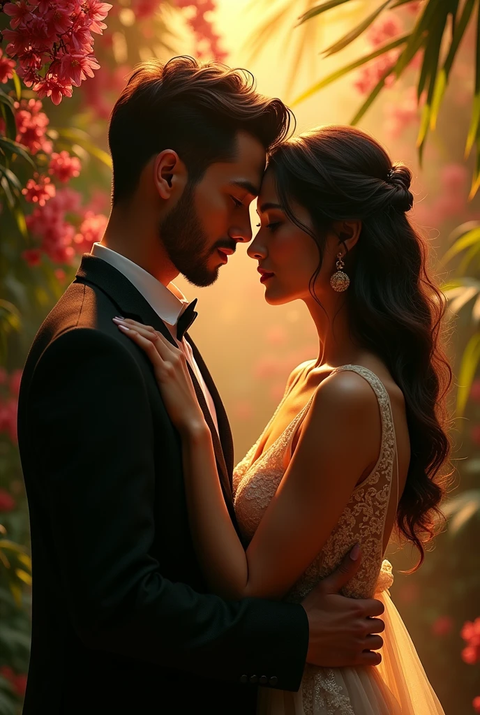 A couple standing side by side, full body detail, photorealistic, highly detailed, cinematic lighting, 8k, hyper realistic, stunning details, elegant, romantic, dramatic, chiaroscuro lighting, dramatic shadows, vibrant colors, warm tones, lush environment