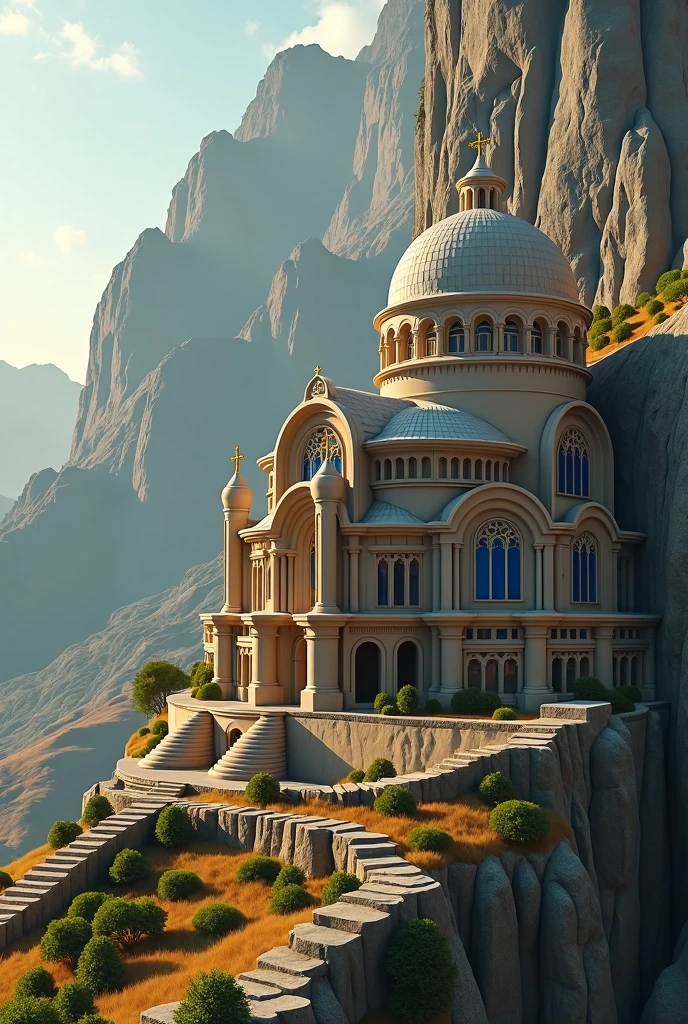 there is a large Ethiopian Orthodox Church building with hemispherical Dom that is built into the side of a mountain, intricate matte painting, matte painting of human mind, digital matte painting, ancient yet futuristic, elaborate matte painting, hyperdetailed 3d matte painting, hyperdetailed 3 d matte painting, extravagant matte painting, epic matte painting, epic cinematic matte painting, matte painting concept art, giant tomb structures