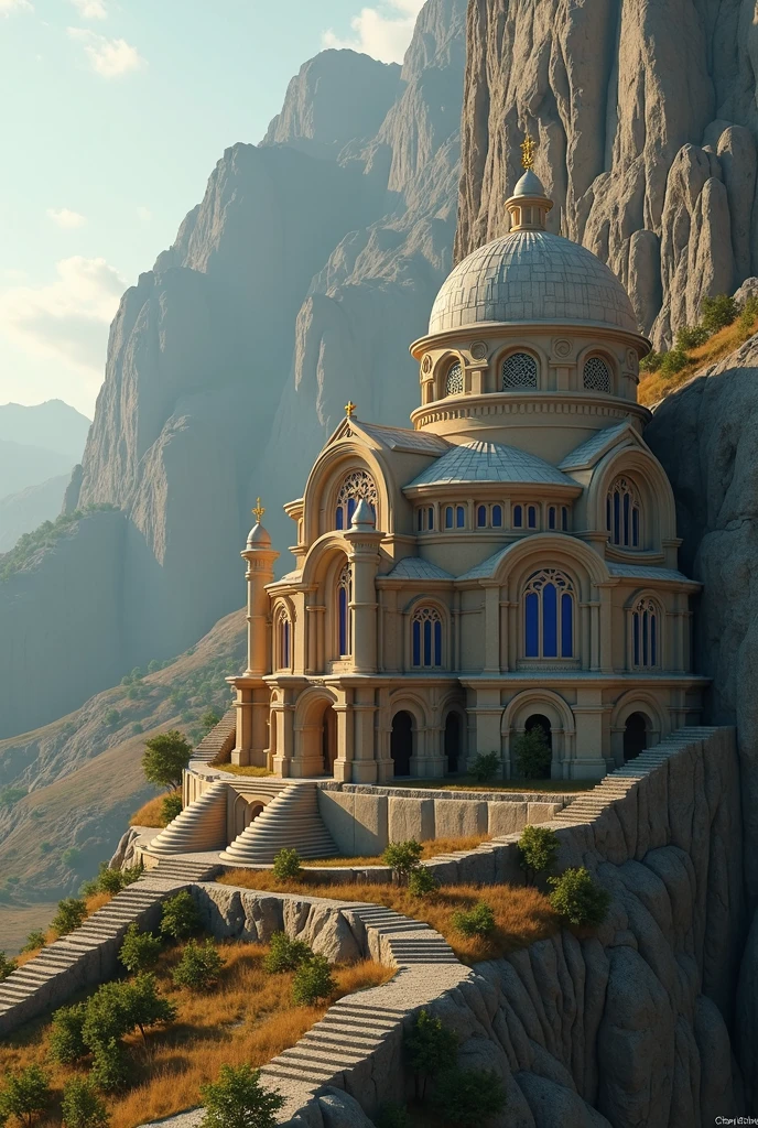 there is a large Ethiopian Orthodox Church building with hemispherical Dom that is built into the side of a mountain, intricate matte painting, matte painting of human mind, digital matte painting, ancient yet futuristic, elaborate matte painting, hyperdetailed 3d matte painting, hyperdetailed 3 d matte painting, extravagant matte painting, epic matte painting, epic cinematic matte painting, matte painting concept art, giant tomb structures