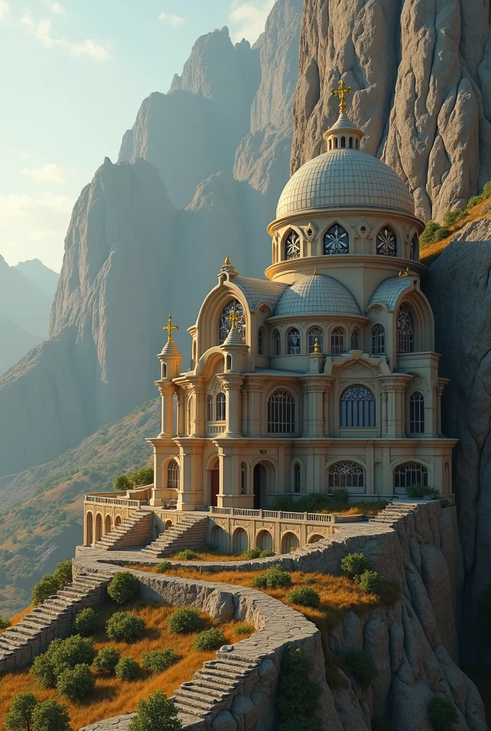 there is a large Ethiopian Orthodox Church building with hemispherical Dom that is built into the side of a mountain, intricate matte painting, matte painting of human mind, digital matte painting, ancient yet futuristic, elaborate matte painting, hyperdetailed 3d matte painting, hyperdetailed 3 d matte painting, extravagant matte painting, epic matte painting, epic cinematic matte painting, matte painting concept art, giant tomb structures