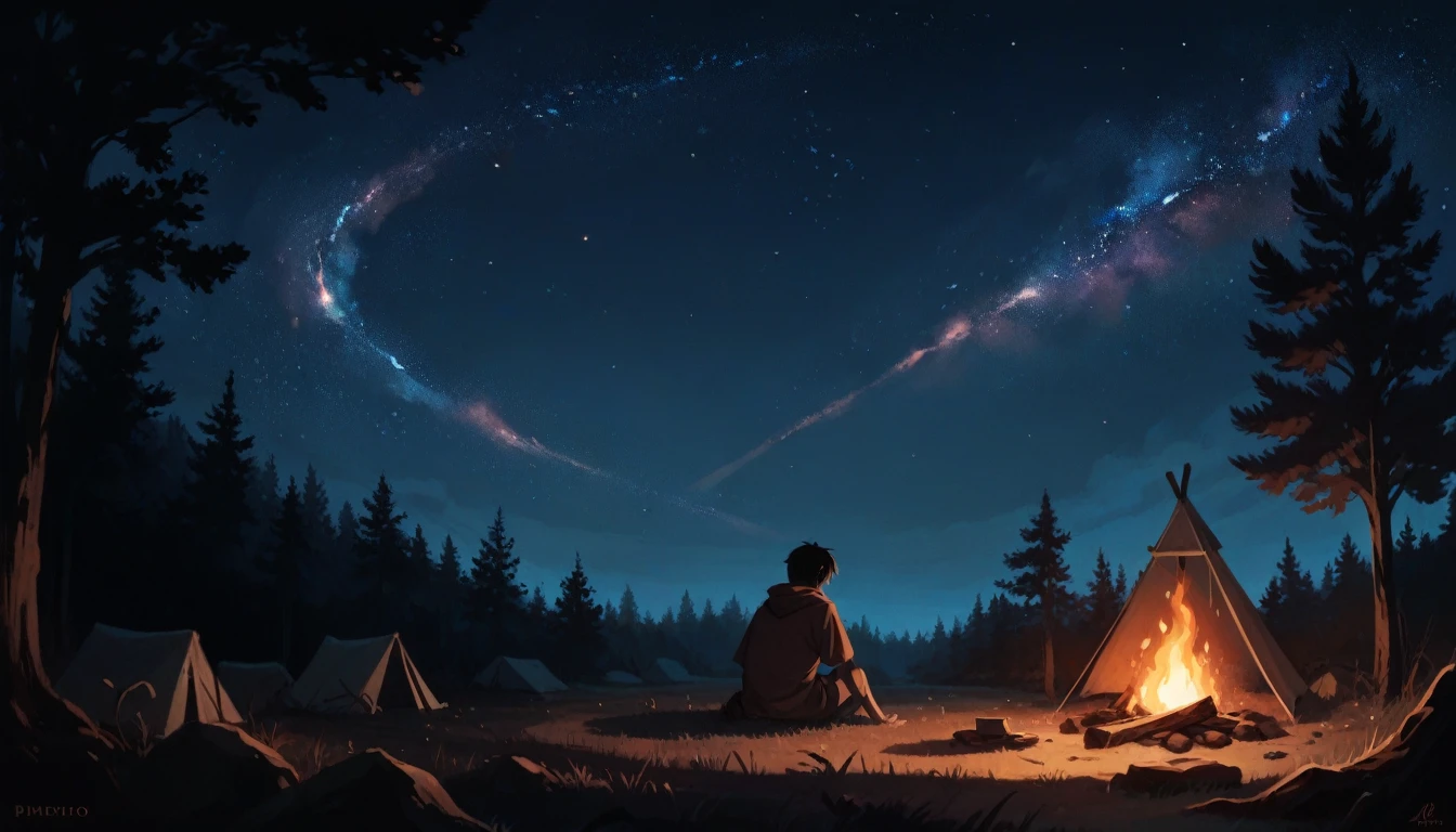 A nighttime camping scene, with a lit campfire and tree silhouettes against a starry sky. In the background, the silhouette of a mysterious figure hides in the shadows.
