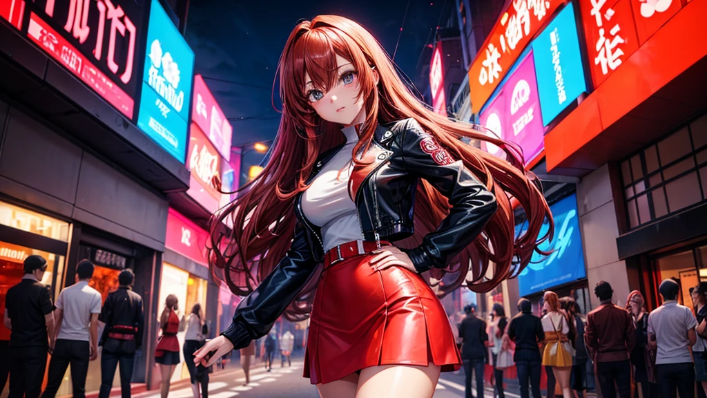 2d anime style, a beautiful woman with long curly brown, wearing a red miniskirt, white top and black leather jacket is in front of a dance club that shines in neon on its facade the name "Technoir", night of a city in the 80s, lighting of streetlights and neon, high definition, high resolution, intricate details,