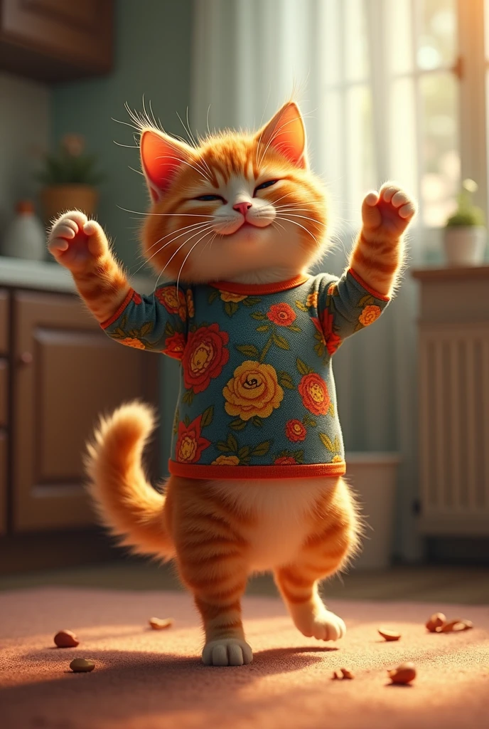 A cat wearing a shirt is dancing 