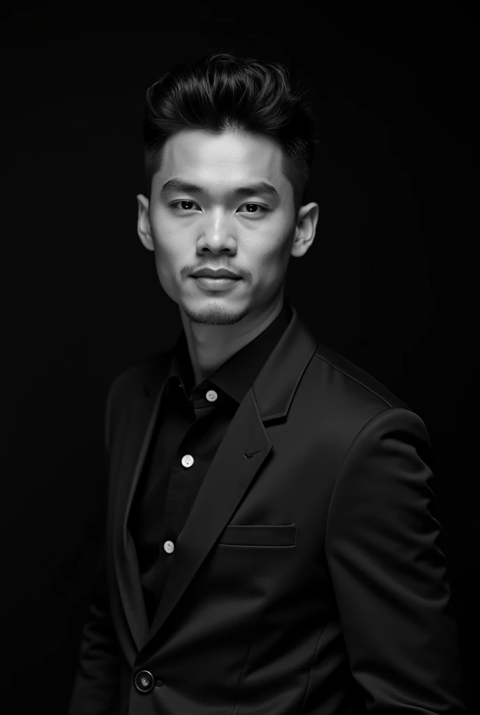 A professional black-and-white portrait of a perfect handsome indonesian modern man 30 yo from jakarta, dark hair. wearing modern stylish fashion with blazer. unique character and personality and style. The background is solid black, highlighting her features and creating a sleek, modern look. The lighting is soft and evenly distributed, emphasizing confident and approachable expression.
