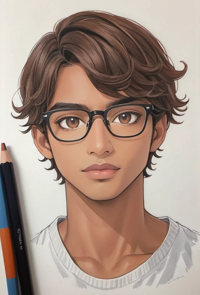 Jovem Adulto, masculine , glasses on the face, short brown hair, bangss, slightly dark skin，artistry，Ad，color pencil drawing，draft drawing , zoom out