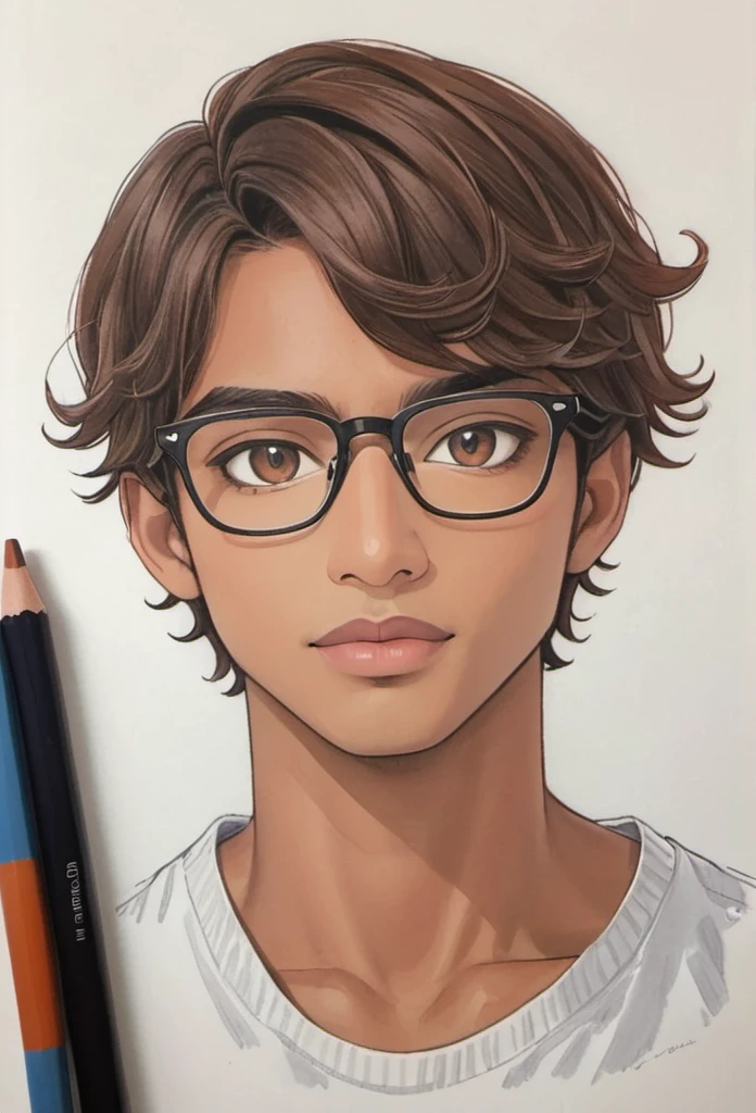Jovem Adulto, masculine , glasses on the face, short brown hair, bangss, slightly dark skin,artistry,Ad,color pencil drawing,draft drawing , zoom out