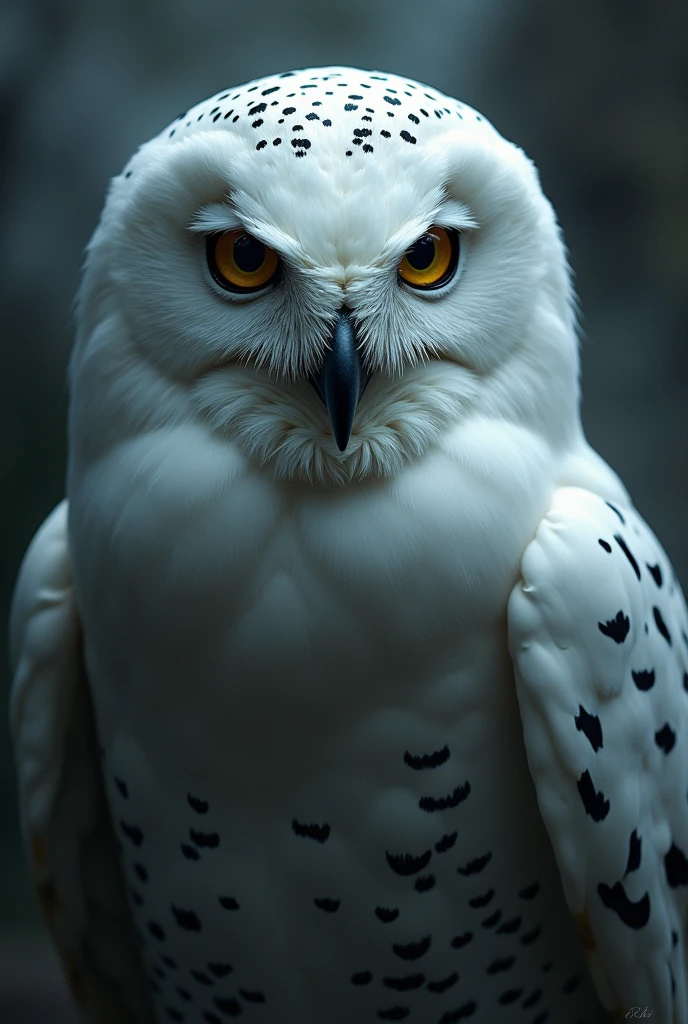 a white owl with black effects giving the image of transcendental, increase the black effect and make the eyes look more serious, outline a black aura over the owl, with tickets to Dourado