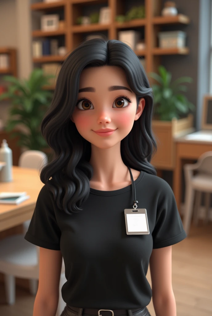 create a 3d image of a young woman , dark wavy hair, brown and small eyes, skin fair. Wearing a black t-shirt and wearing a badge. In the background a furniture store.


