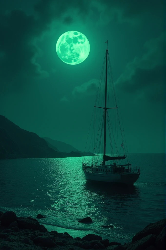 ((best quality)), ((masterpiece)), (detailed), A stranded sailor, whose small boat has broken down, stumbles upon the base. (in the middle of the sea) (night green)