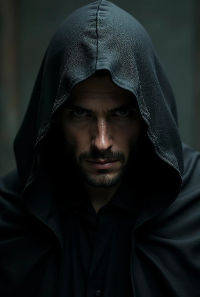 Image of a man's face with his body covered by a black cape (animadas)
