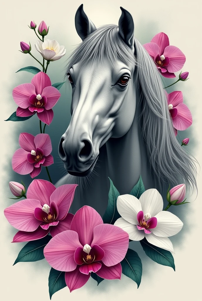 I want you to design me a unique and exclusive tattoo, I want it to be a gray-haired horse and have fuchsia orchid flowers and white gardenias around it. I want more than that.