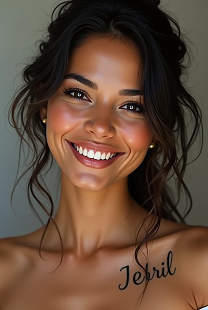 latina beautiful smile with a flocked tattoo "jebril"