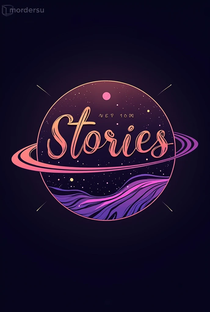 Create logo of Stories Universe, that has world and the stories universe is written on it , STORIES UNIVERSE written on galaxy and planet in slide way, make it simple in brown and purple neon color , in that picture add stories universe in capital letter as logo, make it more classy funky and less colourful , write stories universe in all capital letter, make it more variation in circular form