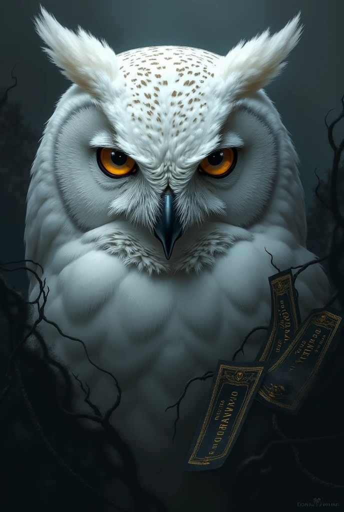 a white owl with black effects giving the image of transcendental, increase the black effect and make the eyes look more serious, outline a black aura over the owl, with tickets to Dourado
