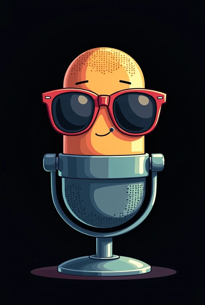 Cartoon Podcast microphone closed face wearing sunglasses and with black backgrou