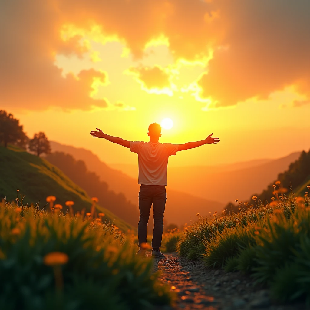 A vibrant scene of a sunrise over a lush, green landscape, with a person standing tall, arms outstretched in gratitude. The background is filled with warm light and fresh, lively colors, symbolizing vitality, optimism, and the boundless possibilities that come with hope and good health.