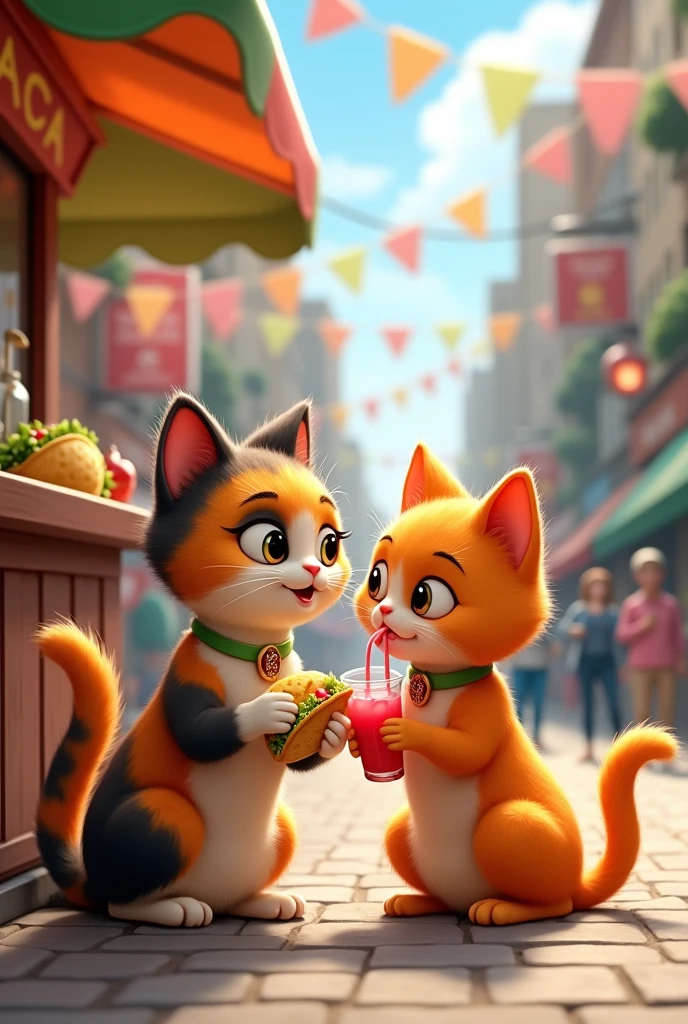 I want you to create a pair of cats, one calico and one orange, eating at a taco stand on the street while they sit on the sidewalk sharing a strawberry lemonade.