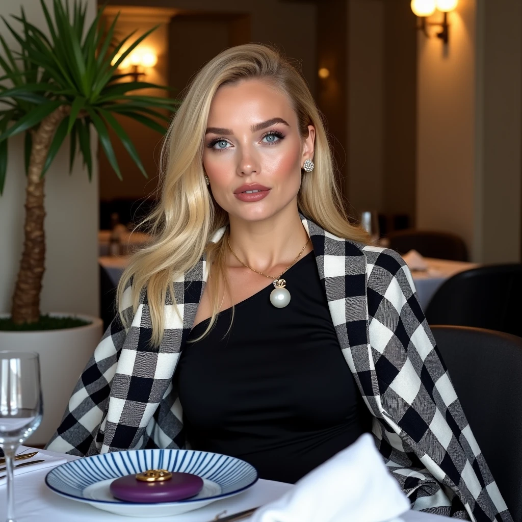 Margot Robbie, a 2 girl with very striking features. She has fair skin with visible freckles, light blue eyes and full lips. Her hair is straight and loose, blonde and long., your nose is very delicate and well defined , her facial expression is serene and confident and the soft lighting highlights her features. is sitting elegantly in a fancy restaurant, posing confidently while looking directly at the camera. She is wearing a fitted black long sleeved dress., that exudes sophistication. A Chanel brooch with pearls is pinned to the left side of the chest., adding a touch of luxury to the look. over the shoulders, she wears a black and white checkered cape, draped in a casual manner, but carefully stylized. impeccably made up. The surrounding environment is modern and luxurious, with soft architectural details, decorative palm trees and an elegant atmosphere. The table in front of her is set for a fancy meal., with a blue and white plate, folded napkins and silver cutlery. In the corner of the table, a small purple bag adds a pop of color to the refined look.