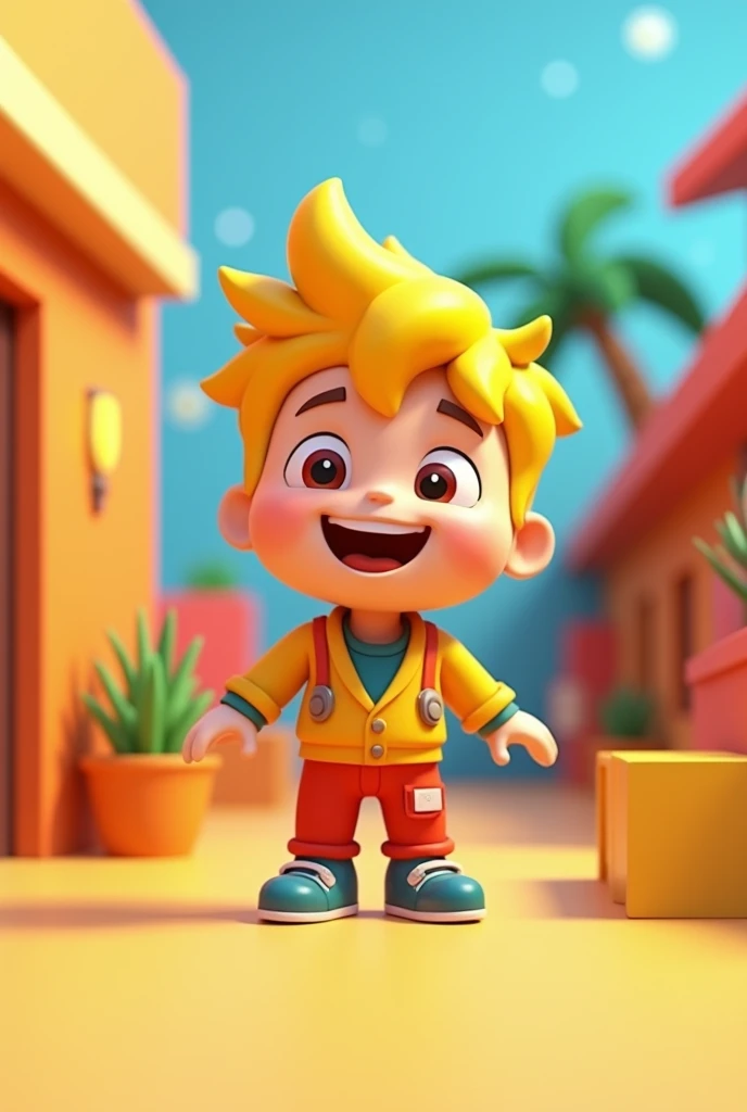 Make me a Roblox style boy character that has big eyes, big round head, yellow hair, that he is smiling