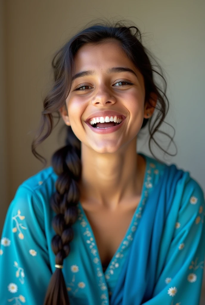 Aesthetic Photo of a girl wearing blue salwar kameez,smiling with teeth,happily posing
