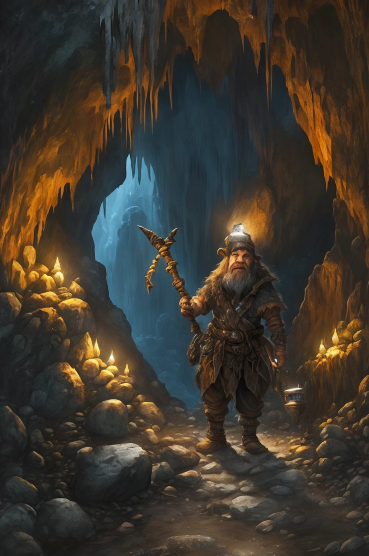 bokeh, A dwarf lights up a stony place with his headlamp. A (rugged dwarf) discovers a marvelous rough gem from the rocky walls as he trys to dig it out with his trusty pickaxe. His simple digger armor protects him. The gem glows brilliantly in the darkness. Cavern, underground. lightly glowing mushrooms dot the cave. a few unwanted minerals dot the cave walls. Splendor and wonder. Very gloomy, very dark, large grotto. stalactites, High Fantasy