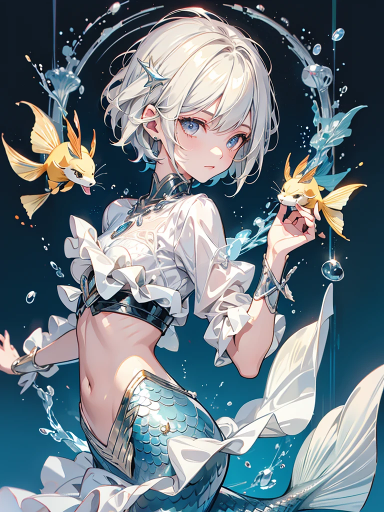 1 Boy, Short hairstyle, blond, silver eyes, Fish scales on hands, Mermaid, high quality