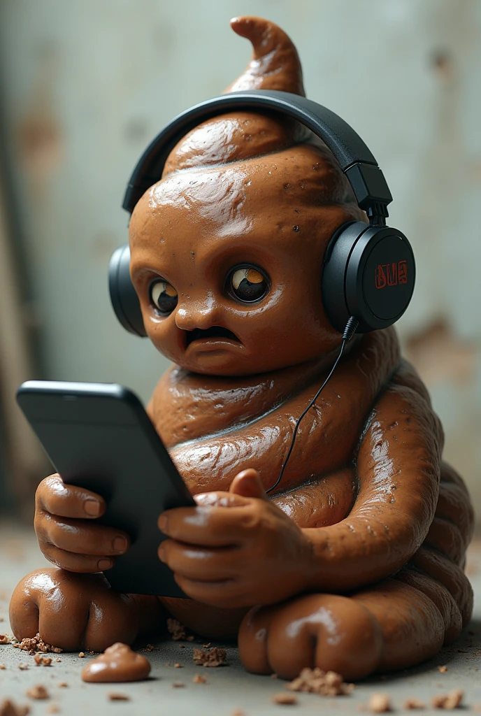 An Ugly Living Poop with Realistic Texture Gamer Playing a Game on Phone with Headset