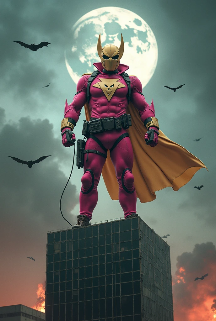 Malaysia man in high-tech suit, vivid effects, malaysian superhero (KELUANG MAN) in a striking pink and brown beige costume cyberpunk design, mask small mini bat ear beige, daredevil beige mask, jumpsuit dark pink stands confidently in a dramatic.jumping from high place.hero costume.one hand rise up. Big triangle logo on the chest.high detail Punisher logo on the chest. Fighting pose , stormy landscape. ((Head covered node guard like batman. Running pose , athletic body type, small mini ear bat mask))The character wears domino mask a helmet with pointed mini torn ears and a flowing cape biege, open nose and mouth. Equipped with visible futuristic weapons on a belt,bullet proof jacket pink dark day.show fingers pose, dark night, big supermoon effect . Small logo on chest triangle shape small punisher logo center triangle cyber logo center on chest pink logo mini logo . rocky. Building top.smoke ground , bomb effect background, losse pants, losses costume.adding to --ar 3:4 --style raw --stylize 500 --v 6.1. chaos. Lot of small flying bat. One leg on the high stone. Man. Backpack . Real man age 40 year old. One hand holding belt.one hand holding black rope hanging on building
