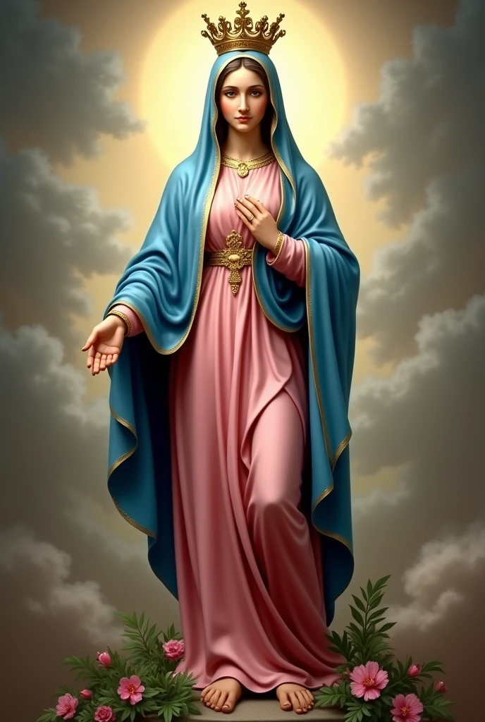 "A digital painting of Our Lady of Aparecida, represented in the traditional blue and pink dress, with a cloak and a crown. She is surrounded by a serene and welcoming environment, with a background that evokes tranquility and spirituality. Above or below the image, the text 'Mother Aparecida, welcome us!' is written in an elegant and respectful font."
