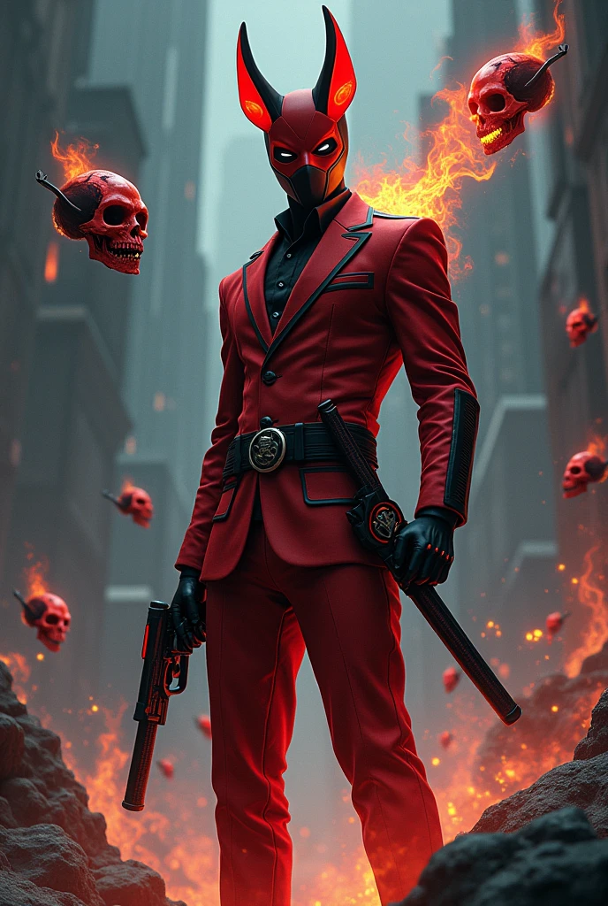 A landscape of Mexico/futuristic japan, at night with a man in a red suit with black lines, with a red mask and black masks with white eyes with black dots as well as 2 small red horns with black touches , Black gloves with red buttons and black capsules, black belt with red lines and in the center an image of the mask, Black shoes with red soles with black circles and 2 short katanas on his back with fire symbols, 2 pistols with fire symbols and a red flower resembling flames of fire in the front pocket of his suit (His suit looks like a business suit and his mask has more touches of black.) , His pants are black with red touches. He has flames coming out of his back in all directions like the tails of a kitsune, as well as many black whips like thick tentacles, and he is in the pose of unsheathing his katana. In addition to 2 demons on his back, 1 is a human skull on fire. The other is a black skull with a dark aura. The skulls are at the level of his shoulders, a little higher, and are the size of his torso.