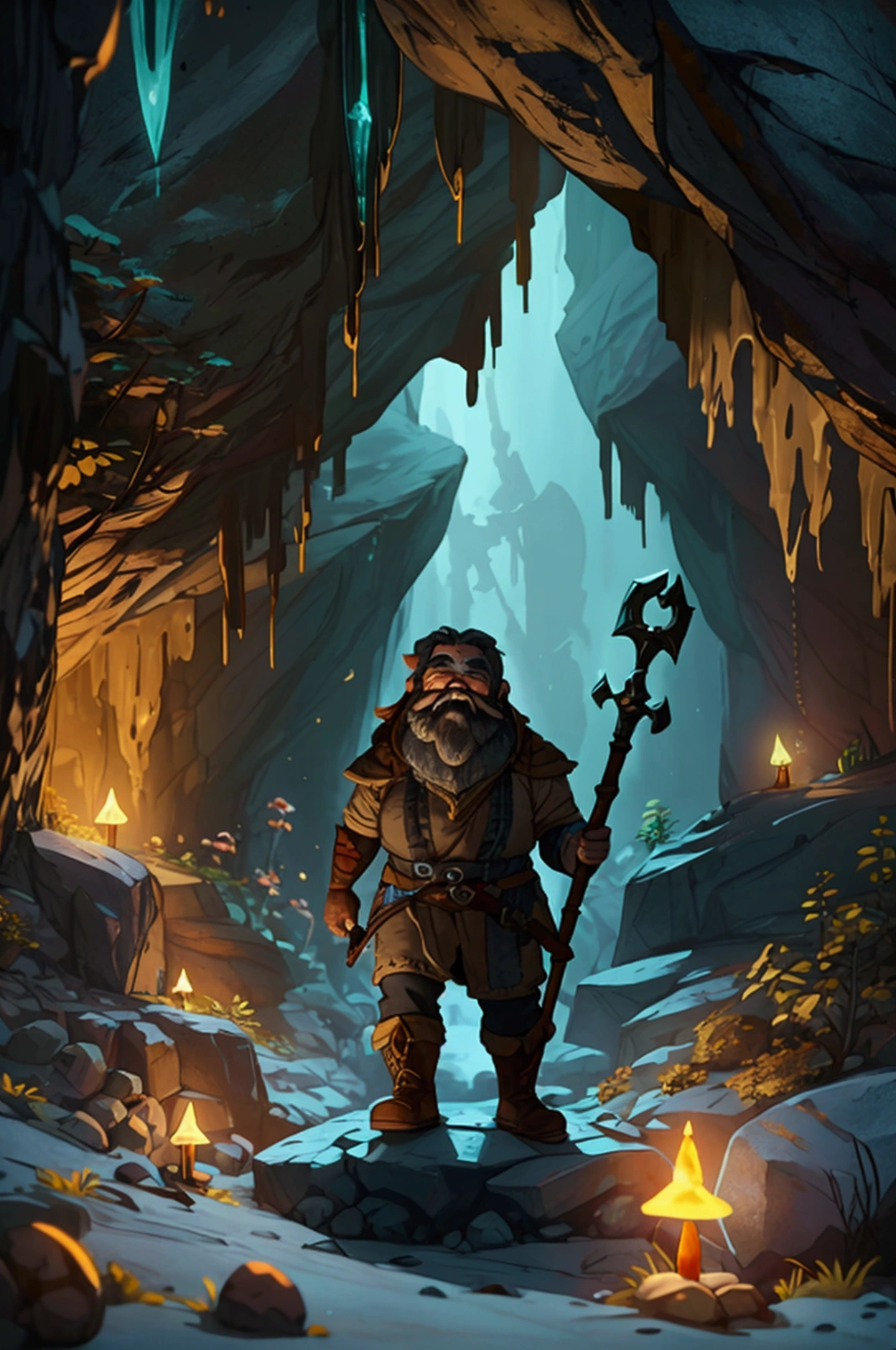 bokeh, A dwarf lights up a stony place with his headlamp. A (rugged dwarf) discovers a marvelous rough gem from the rocky walls as he trys to dig it out with his trusty pickaxe. His simple digger armor protects him. The gem glows brilliantly in the darkness. Cavern, underground. lightly glowing mushrooms dot the cave. a few unwanted minerals dot the cave walls. Splendor and wonder. Very gloomy, very dark, large grotto. stalactites, High Fantasy