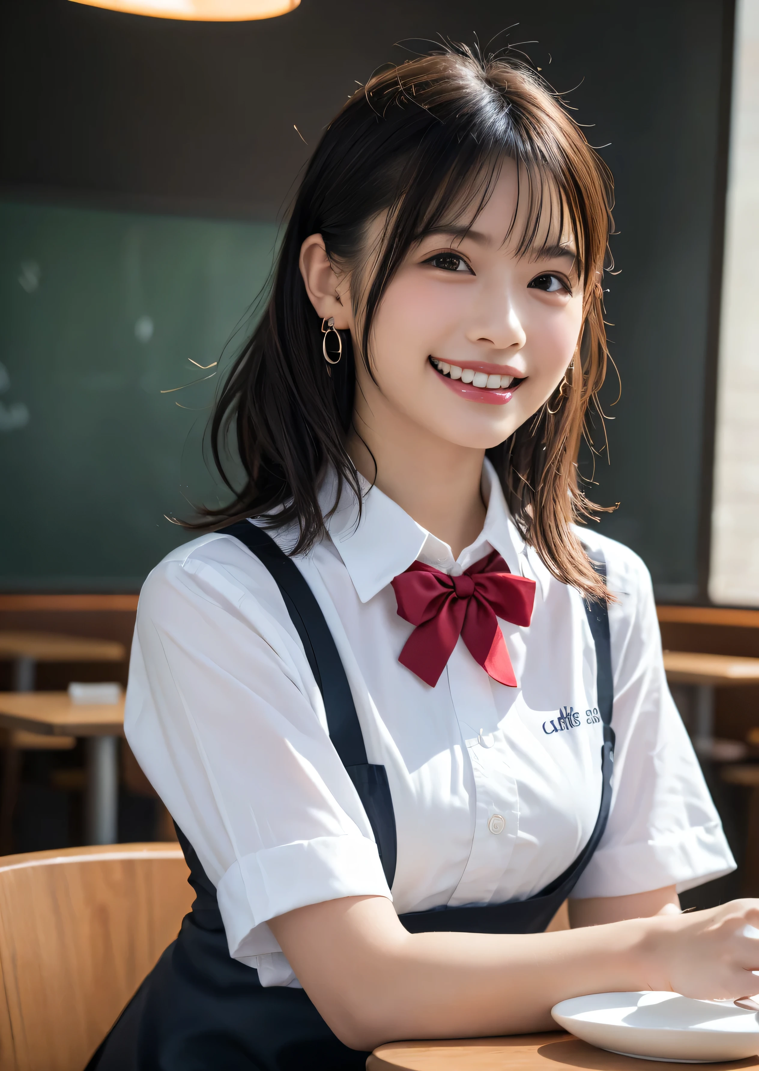 (ponytail:2.0), (Highest quality、Tabletop、8k、Best image quality、Award-winning works)、(Beautiful  schoolgirl:1.1)、(White polyester collared shirt:1.1)、(A red high school uniform bow tie on the chest:1.1)、(Navy Pleated Skirt:1.1)、(Large Breasts:1.5)、(Accentuate your body lines:1.1)、(Voluptuous body:1.4)、Girl portrait photography、Glowing Skin、Standing Elegantly、(Perfect blurred school classroom background:1.1)、(Classroom large blackboard background:1.2)、Beautiful smile、(Face close-up:1.1)
