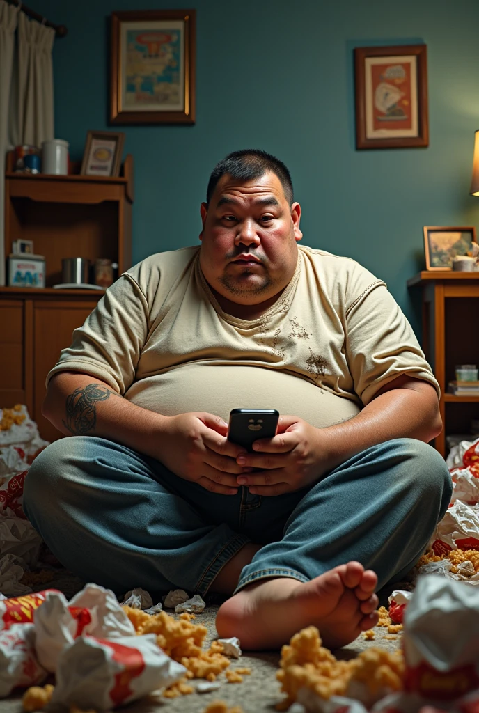 Really fat guy with fast food all over his messy room opening telegram