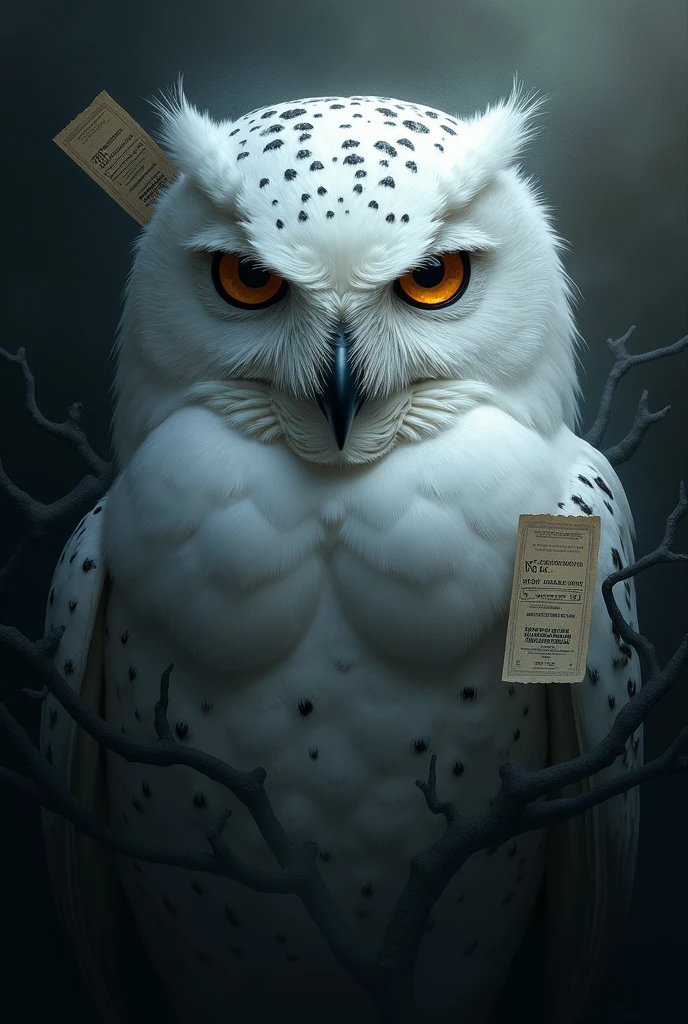 a white owl with black effects giving the image of transcendental, increase the black effect and make the eyes look more serious, outline a black aura over the owl, with tickets to Dourado