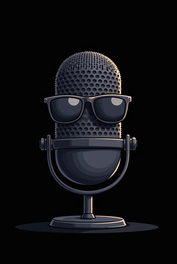 Cartoon black Podcast microphone closed face wearing sunglasses and with black background Cartoon version