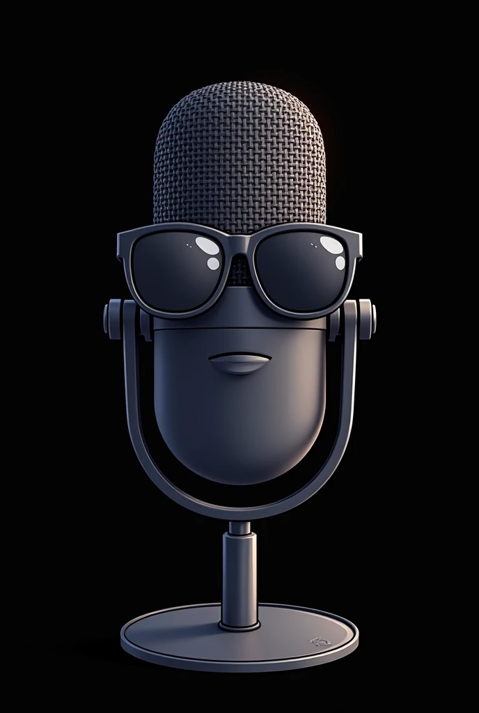 Cartoon black Podcast microphone closed face wearing sunglasses and with black background Cartoon version