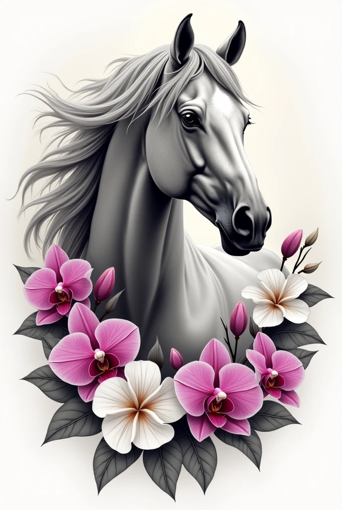I want you to design me a unique and exclusive tattoo, I want it to be a gray-haired horse and around it there are fuchsia-colored orchid flowers and white gardenias. I want more than that, more, more.