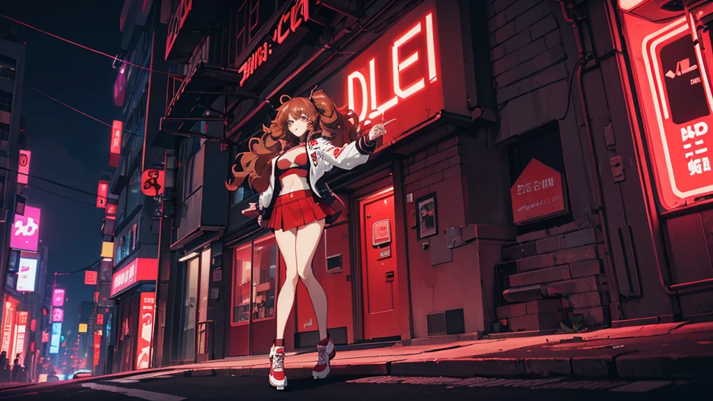 2d anime style, a beautiful woman with long curly brown, wearing a red miniskirt, white top and black leather jacket is in front of a dance club that shines in neon on its facade the name "Technoir", fullbody shot, night of a city in the 80s, lighting of streetlights and neon, high definition, high resolution, intricate details
