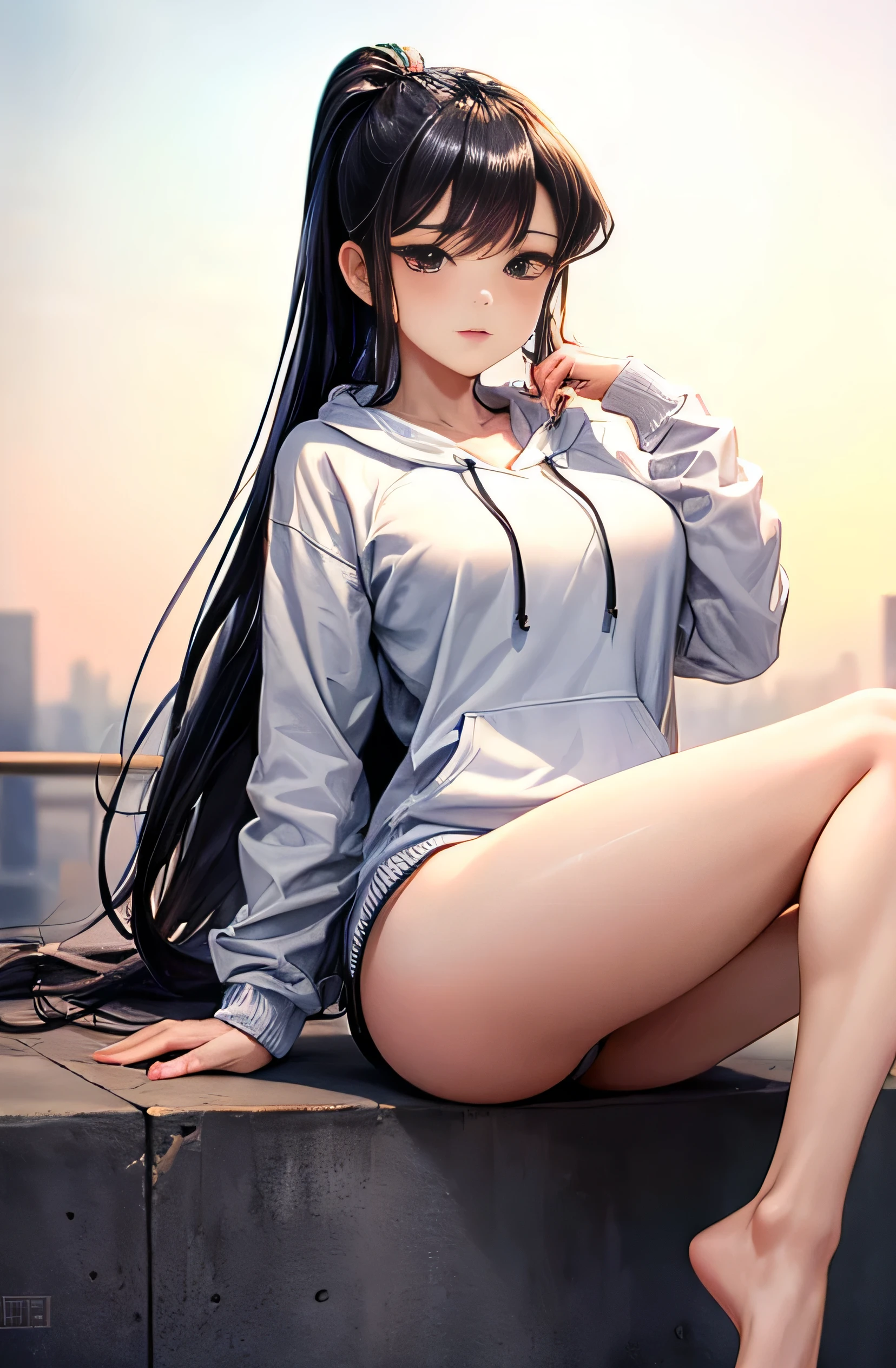 ((best quality)), ((masterpiece)), (detailed), perfect face,(1),(beautiful girl), (Komi Shouko), ponytail,(blackes Braun hair), cute smile (looking at vivers) on a streat road,( full body view),(detailed lips), perfect head ,(detailed face), wers a white hoodi black Stiles short pant that reaches nee, heads in hoodi pocket,(huge breasts),(perfect  girl), Korean girl 