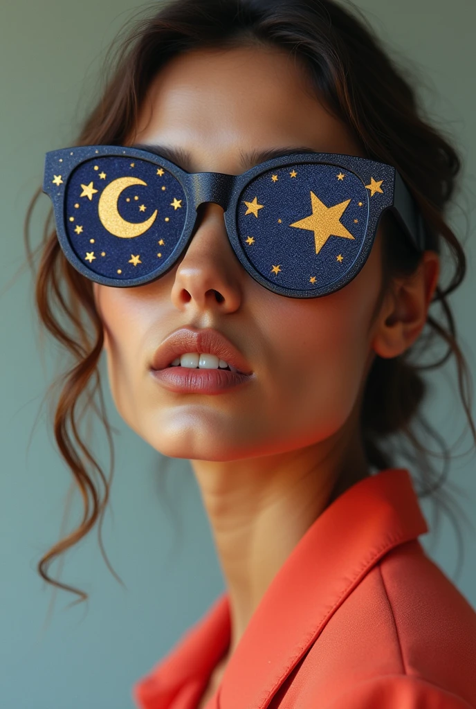 The model is wearing glass sunglasses with stars and the moon on the glass