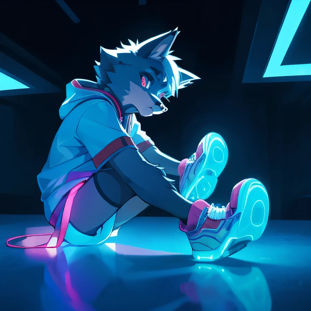 Cute little furry wolf cub wearing glowing light up Skechers shoes