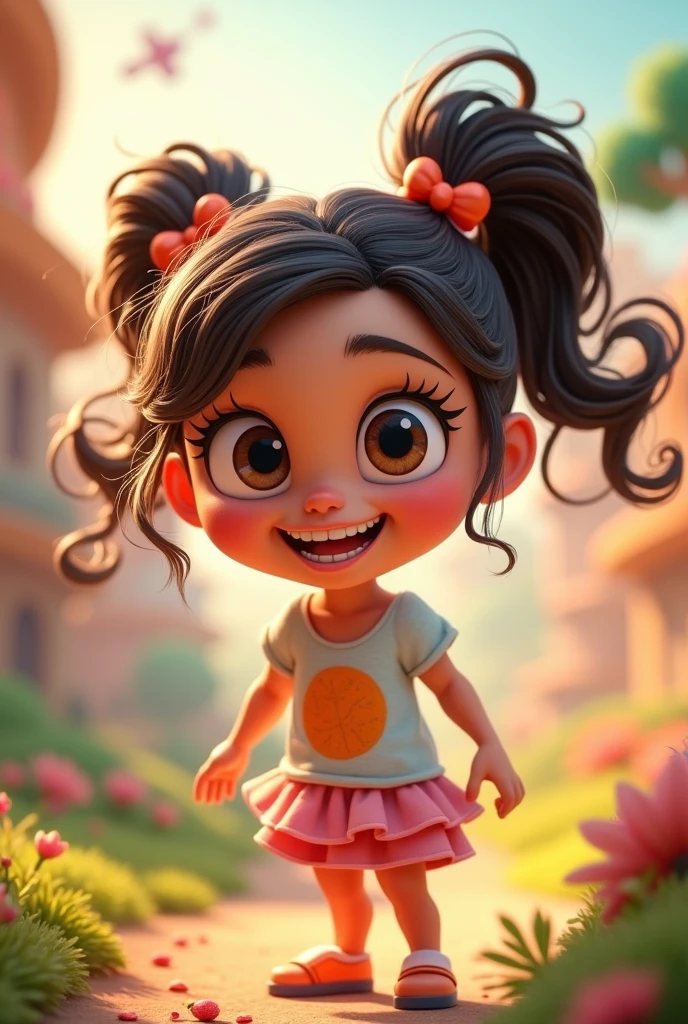 Pixar-type poster of a girl with short brown hair smiling with two pigtails wearing pink clothes