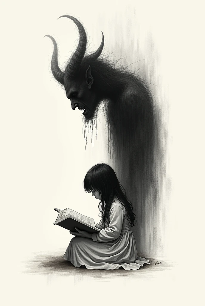 **Detailed description for the tattoo:**
- **Main Silhouette**: A young girl sitting and reading a book, viewed from the side. She has long hair that gently falls over her shoulders. The silhouette is simple and clean, drawn with fine lines and without any fill.
- **Demonic Shadow**: The shadow cast by the girl forms the silhouette of a demon. The demon's shadow is dark and ominous, with more defined contours to contrast with the innocence of the girl's silhouette. Details like horns and a menacing posture can be included to enhance the dramatic effect.
- **Style**: The design is minimalistic, with a clear contrast between the simplicity of the girl's silhouette and the intensity of the demonic shadow. No heavy shading or bright colors—everything is done in black with subtle variations in the outlines.
- **Size**: Designed for the forearm, the size is moderate, making the details visible yet keeping the tattoo discreet.
- **Colors**: No bright colors, just black for a subtle and elegant effect.