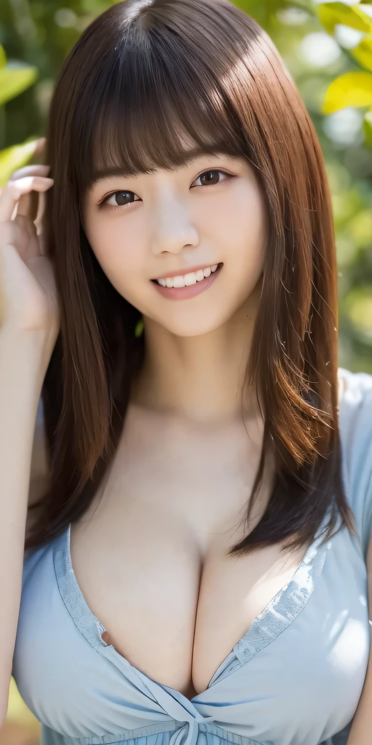 masterpiece、Highest quality, Ultra-high resolution、8k，photograph、1 girl, (Skin dents), (Large Breasts:1.5), bright, Blurred Background, (Asymmetrical bangs, Please comb your hair、Very long hair:1.5),(Loose chest)、(Sunburn marks on chest)、(Deep cleavage)、(soft, drooping udder)、(The best smile that makes people happy)、(The big round eyes are super cute)、(grassland、Spring Sky、Soft sunlight)
