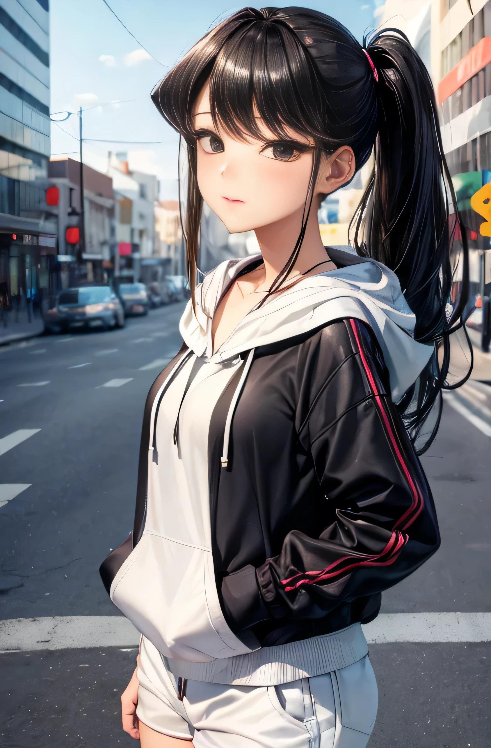 ((best quality)), ((masterpiece)), (detailed), perfect face,(1),(beautiful girl), (Komi Shouko), ponytail,(blackes Braun hair), cute smile (looking at vivers) on a streat road,( full body view),(detailed lips), perfect head ,(detailed face), wers a white hoodi black Stiles short pant that reaches nee, heads in hoodi pocket,(huge breasts),(perfect girl), Korean girl