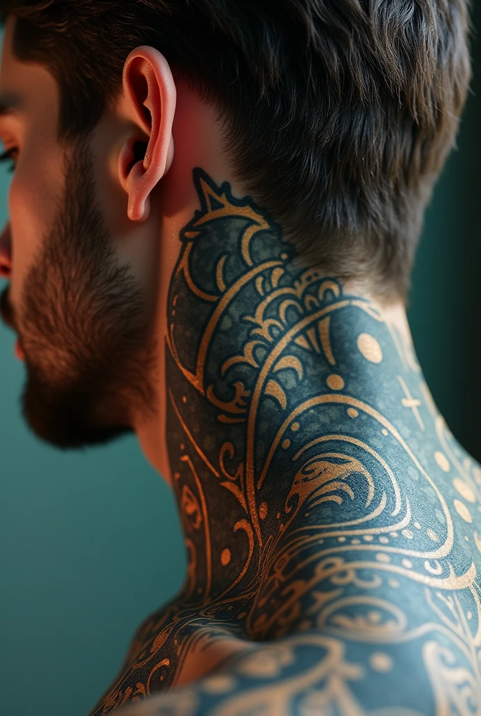 Man's neck with black tattoo , unique design , from another future world and something significant origin of humanity