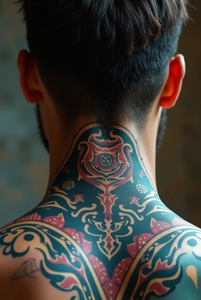 Man&#39;s neck with black tattoo , unique design , from another future world and something significant origin of humanity 