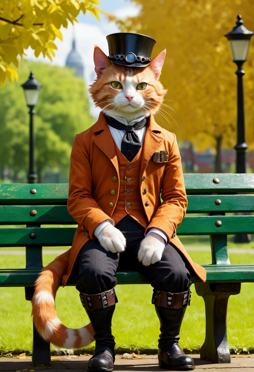 'steampunk ginger cat sitting on a bench in a park'