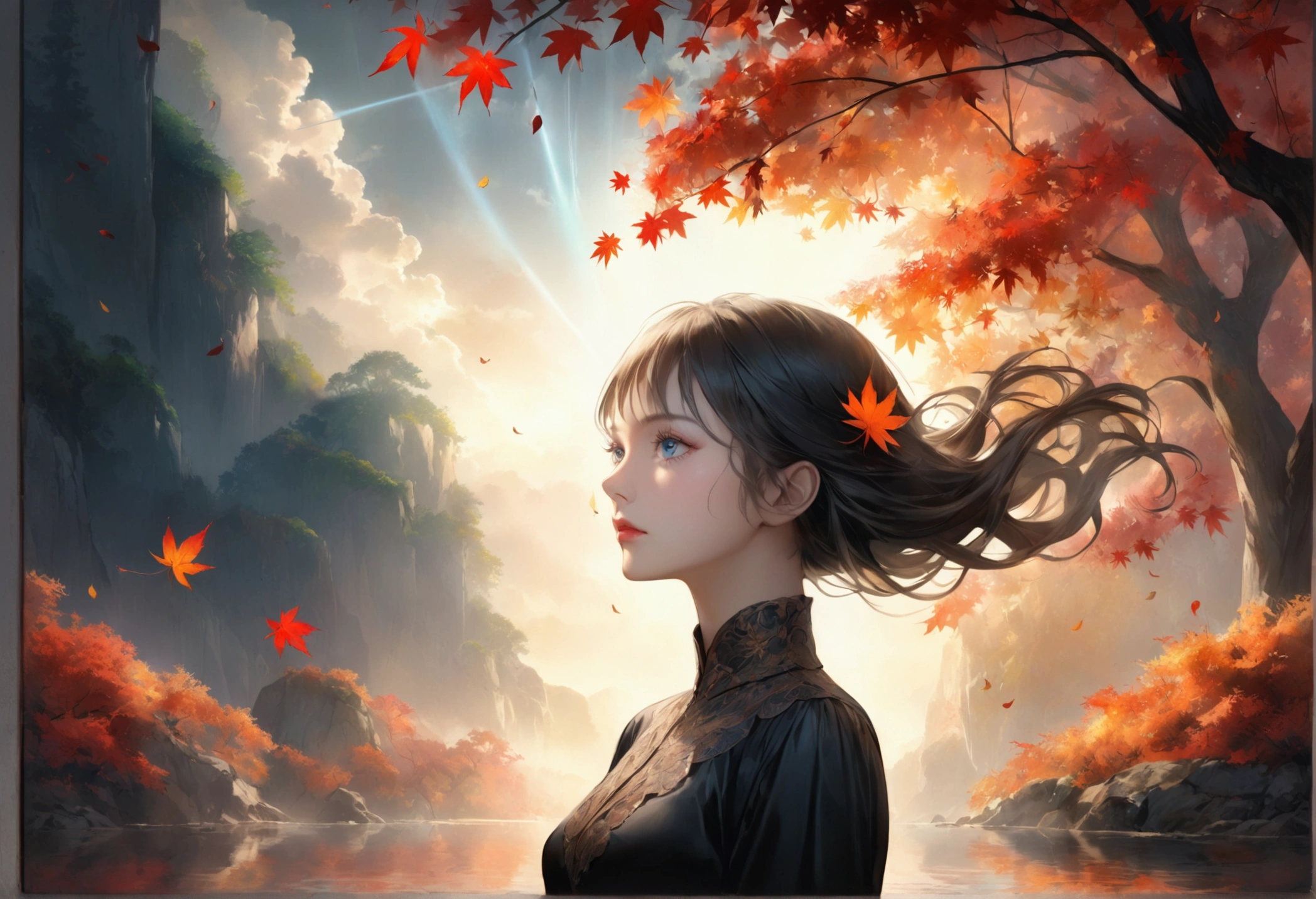 Maple tree landscape, dark canvas, Falling leaves, Transparent holographic reflection, A surreal landscape made of maple leaves, Leaves viewers speechless, A beautiful world, 1 woman, detailed eyes, detailed lips, very detailed face, long eyelashes, Beautiful and detailed portraits, elegant, tranquil expression, autumn, high quality, 8k, realistic, surrealist, studio lighting, Physically Based Rendering, vivid colors, movie lights, dramatic lighting, soft lighting, dramatic contrast, clear, ethereal, dreamlike, mysterious, magical, fancy, concept art